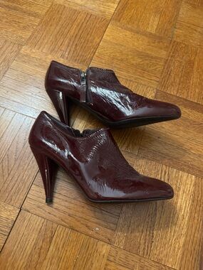 PRADA Burgundy Patent Leather Ankle Booties Size 7/37.5